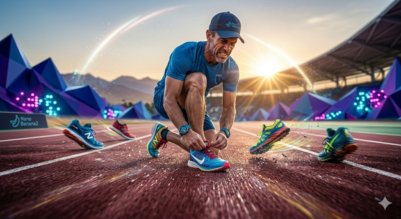 A highly detailed cinematic shot of an athlete tying their shoes on a track, focused expression, golden hour lighting, 8k resolution, dynamic composition, photorealistic